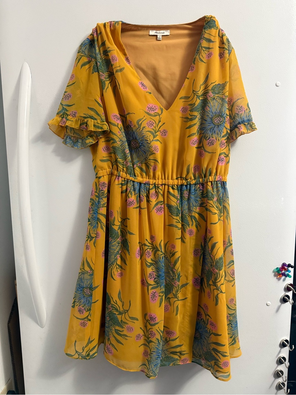Madewell Mustard Floral V-Neck Mini Dress